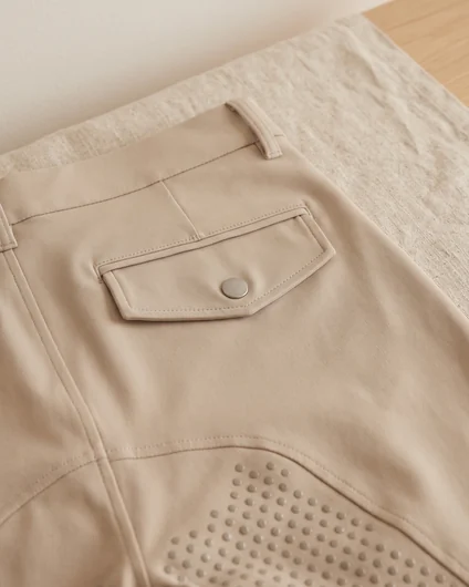 Pattentasche mit Druckknopf hinten an einer Reithose – KI-generierte Illustration