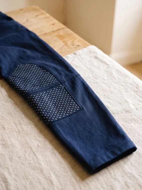 Kniegrip aus Silikonpunkten an der Innenseite einer Navy Reithose – KI-generierte Illustration