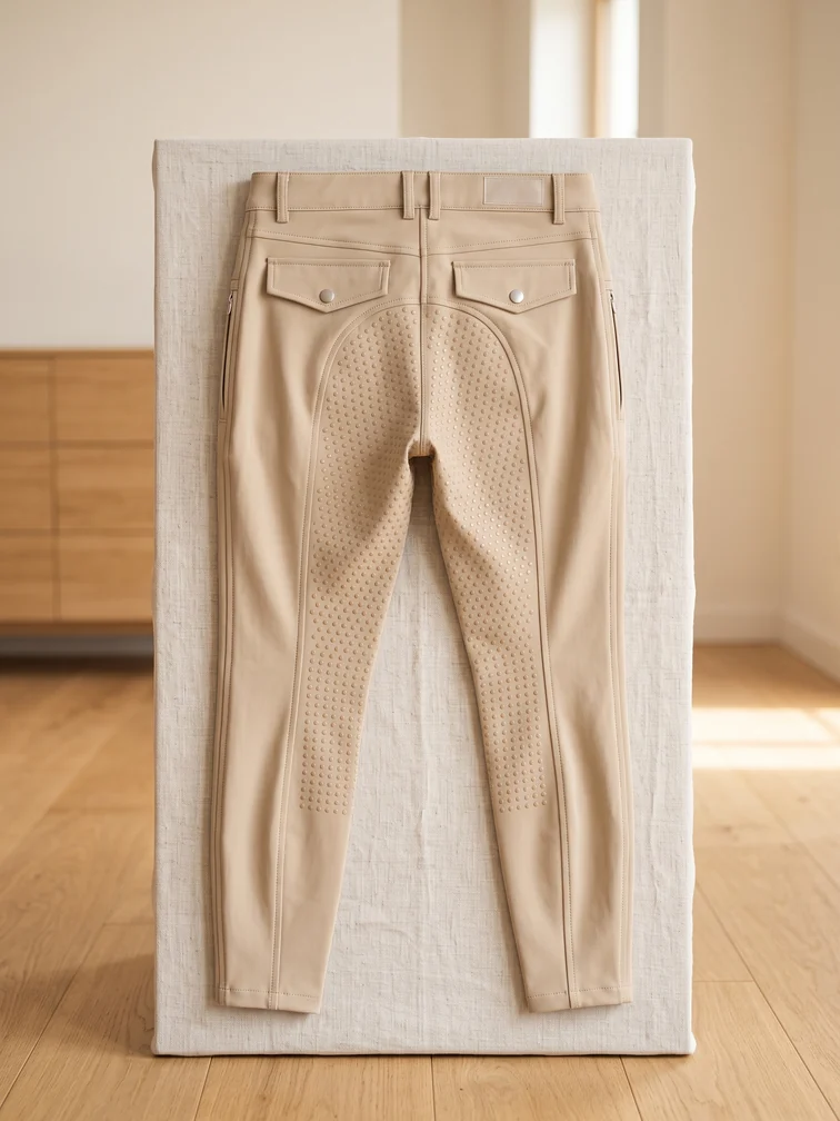 Rückansicht einer Reithose mit Vollgrip aus Silikonpunkten über Sitz und Bein – KI-generierte Illustration