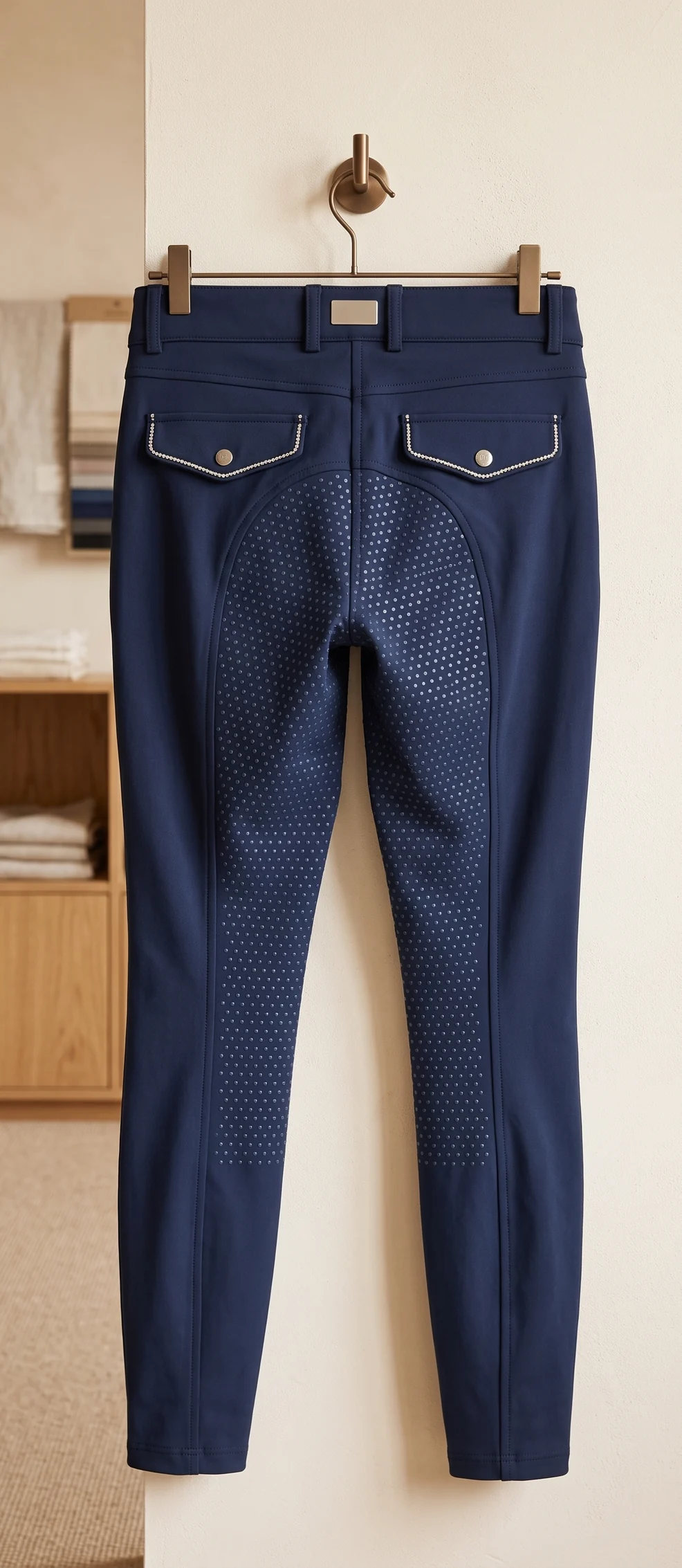 Navy Reithose in der Rückansicht an einem Haken: Vollgrip, Strass an den Pattentaschen, kleines Metallteil am Bund – KI-generierte Illustration