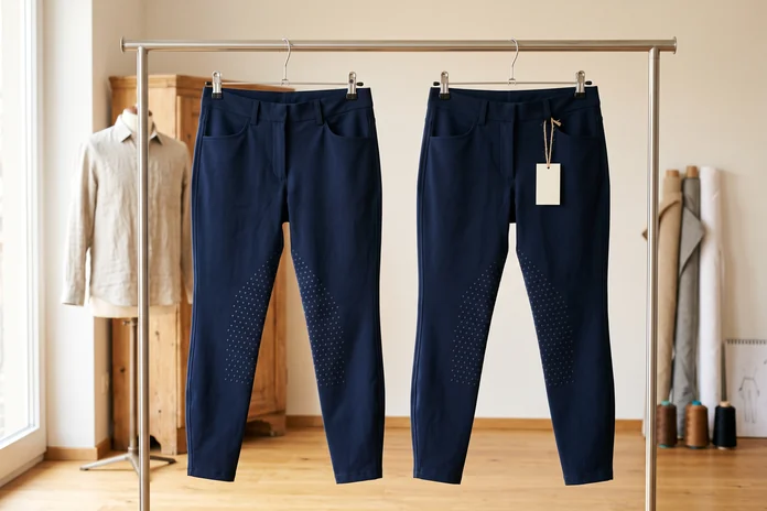 Zwei gleiche Muster-Reithosen in Navy hängen nebeneinander, an einer hängt ein leerer weißer Anhänger – KI-generierte Illustration