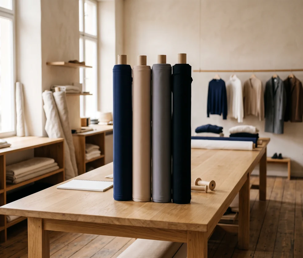 Vier Rollen Stretchstoff in Navy, Beige, Grau und Schwarz auf einem langen Holztisch – KI-generierte Illustration