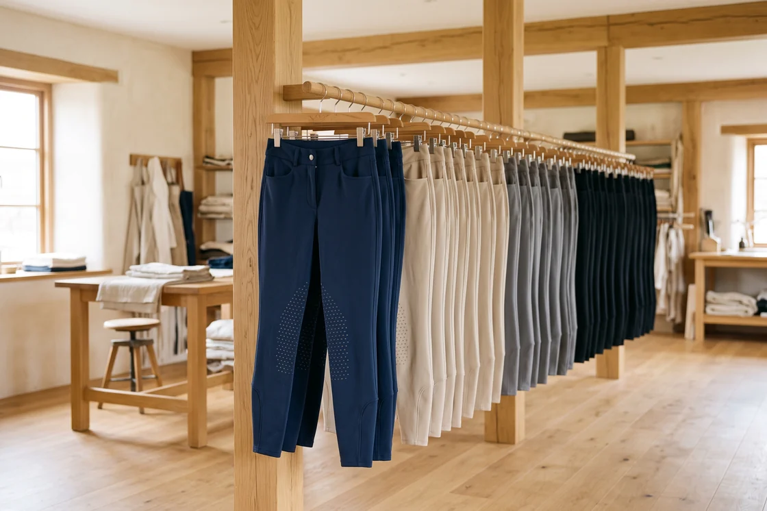 Lange Kleiderstange mit gleichen Reithosen in Navy, Beige, Grau und Schwarz – KI-generierte Illustration
