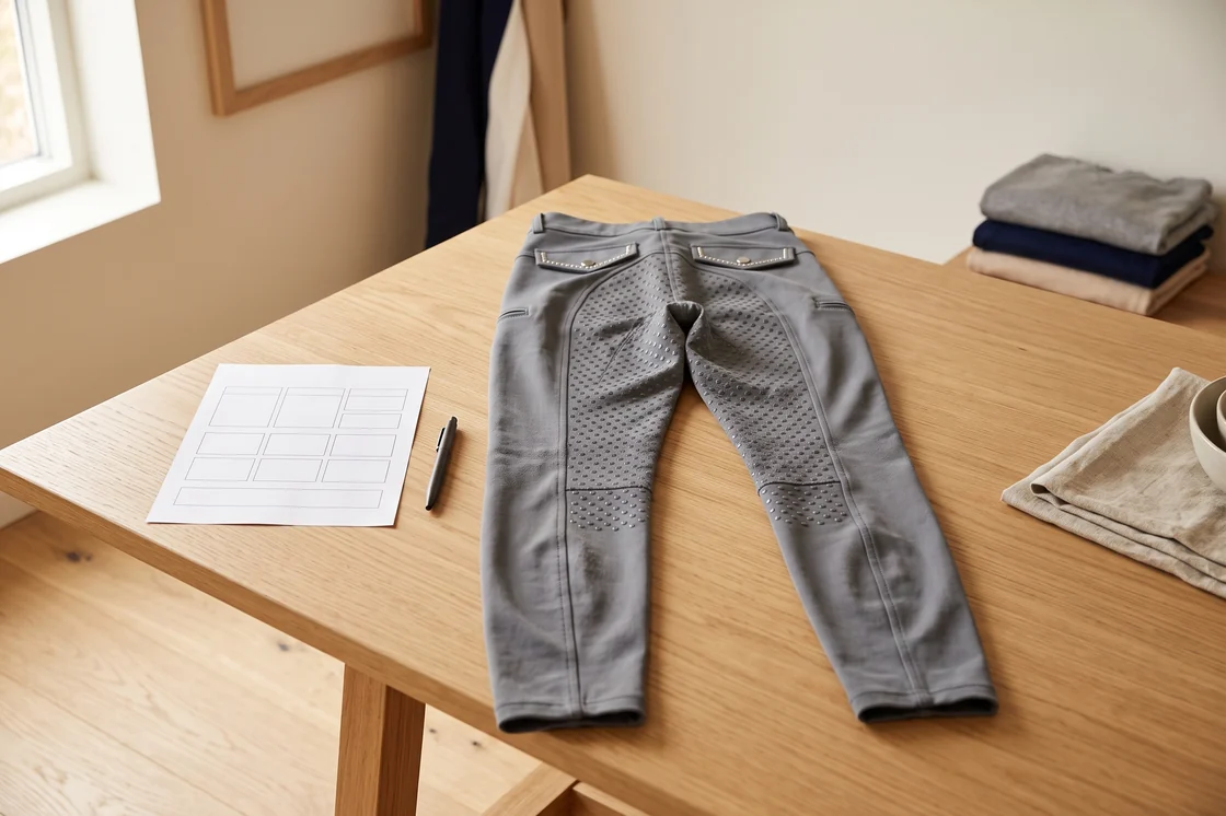 Getragene Referenz-Reithose auf dem Tisch neben einem leeren Formblatt und einem Stift – KI-generierte Illustration