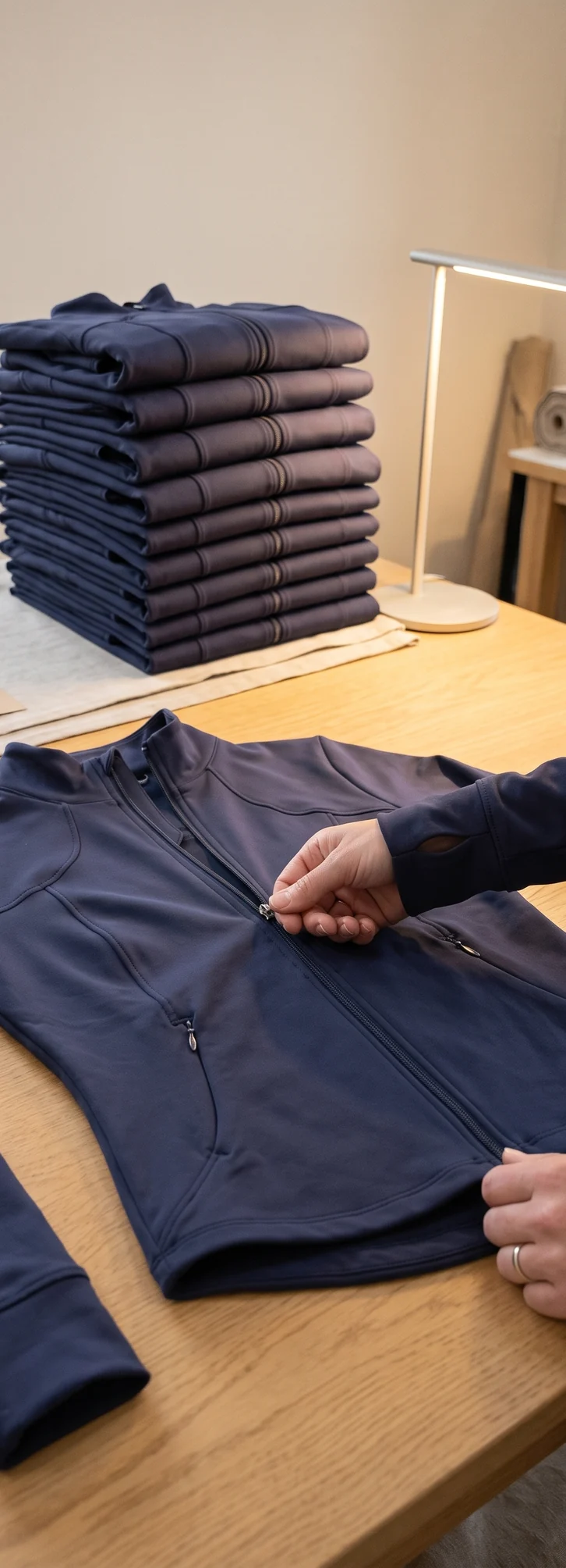Prüferin zieht den Frontreißverschluss einer Trainingsjacke hoch, daneben ein Stapel gleicher Jacken – KI-generierte Illustration