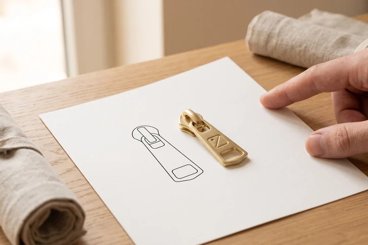 Gedruckte Zeichnung eines Zipper-Pullers neben einem Puller aus Metall – KI-generierte Illustration