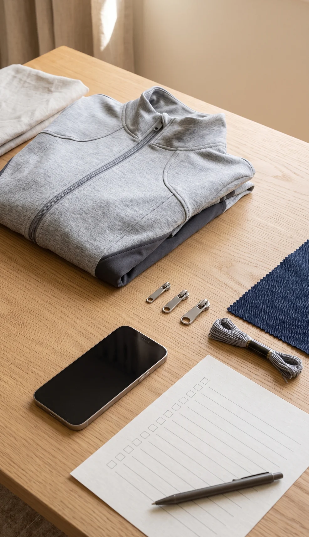 Schreibtisch mit gefalteter Trainingsjacke, drei Zipper-Pullern, Stoffmuster, Stickgarn und leerer Liste – KI-generierte Illustration