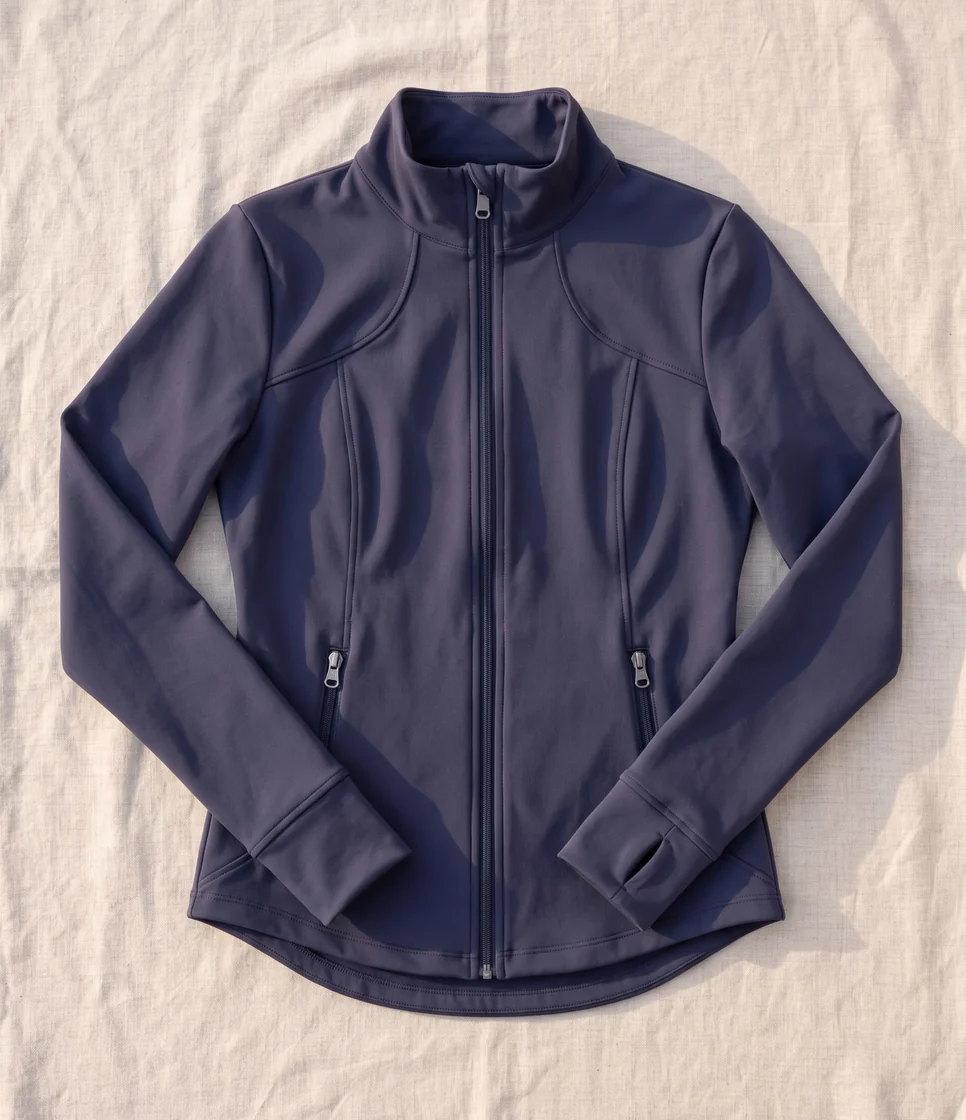 Trainingsjacke in Navy flach ausgelegt: Stehkragen, Frontreißverschluss, zwei Reißverschlusstaschen, abgerundeter Saum – KI-generierte Illustration