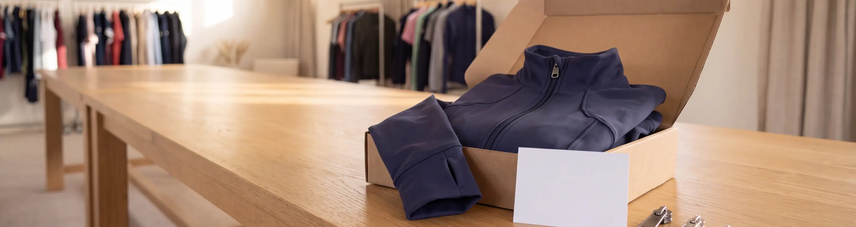 Gefaltete Trainingsjacke in Navy in einem geöffneten Versandkarton auf einem langen Tisch – KI-generierte Illustration