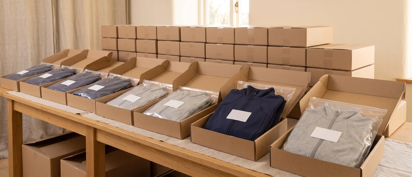 Einzeln verpackte Trainingsjacken in Navy und Grau in offenen Kartons – KI-generierte Illustration