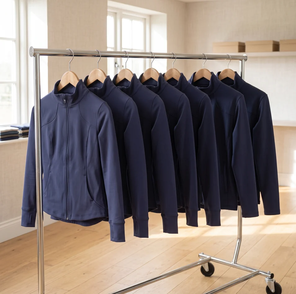 Trainingsjacken in Navy in einer Reihe an einer rollbaren Kleiderstange – KI-generierte Illustration