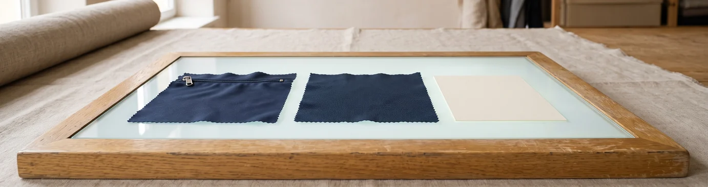 Stoffmuster für Jacke und Reithose in Navy nebeneinander unter dem Lichtkasten – KI-generierte Illustration