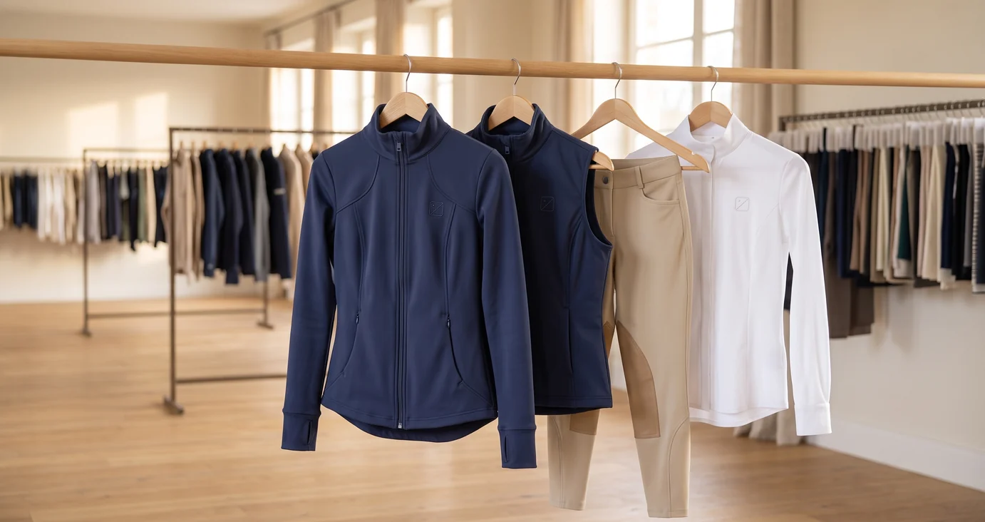 Saisonlinie an einer Kleiderstange: Trainingsjacke, Reitweste, Reithose und Reitshirt mit demselben Logo – KI-generierte Illustration