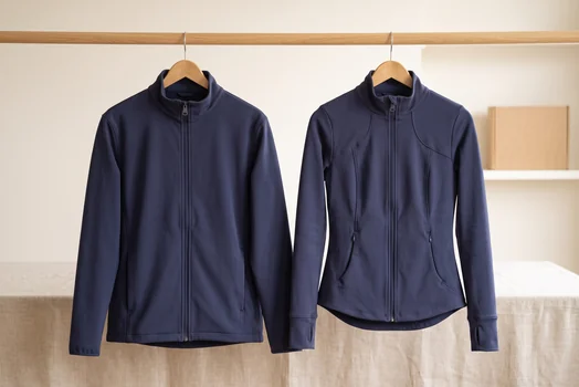 Herren-Trainingsjacke in Navy neben einer Damenjacke auf einer Kleiderstange – KI-generierte Illustration