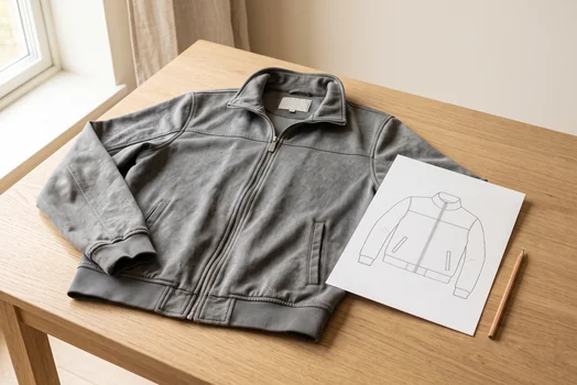 Getragene graue Jacke als Referenzteil neben einer leeren technischen Zeichnung und einem Bleistift – KI-generierte Illustration