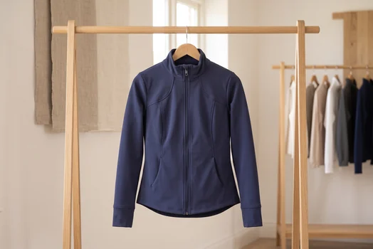 Reitjacke in Navy mit mattem Softshell-Griff auf einer Kleiderstange – KI-generierte Illustration