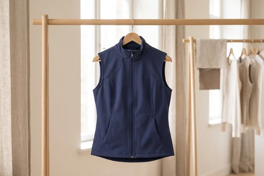 Reitweste in Navy ohne Steppung mit Stehkragen und Zipper-Puller auf einer Kleiderstange – KI-generierte Illustration