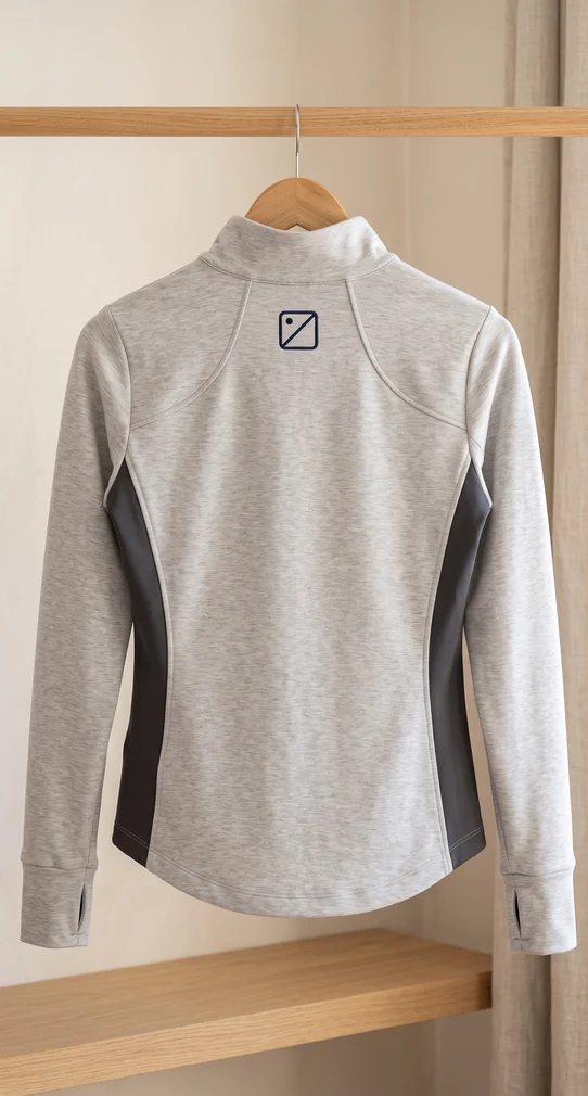 Gesticktes Logo auf dem Rücken einer Trainingsjacke in Grau meliert – KI-generierte Illustration