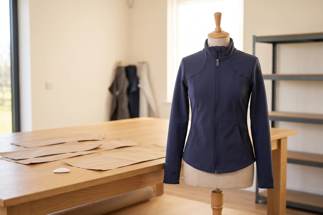 Muster einer Reitjacke in Navy auf einer Schneiderbüste neben Schnittteilen – KI-generierte Illustration