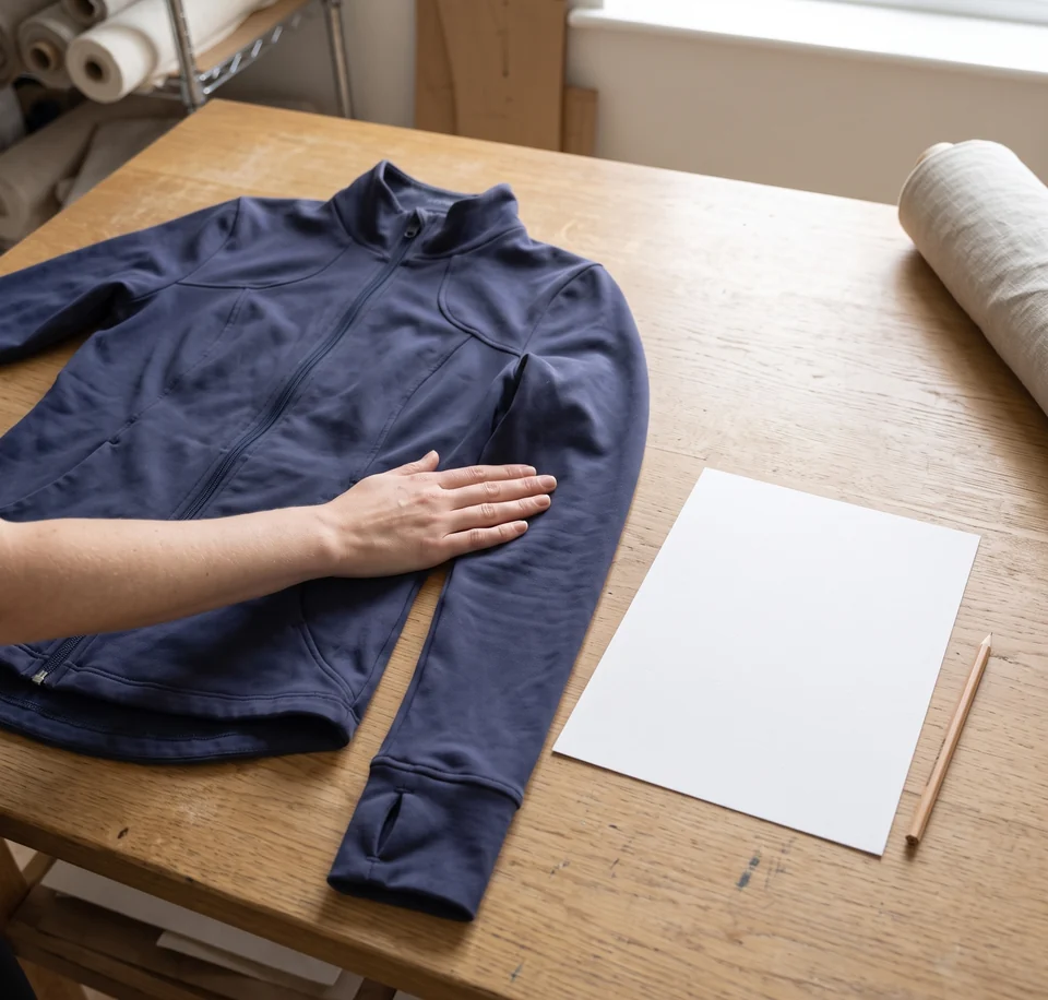 Getragene Jacke in Navy als Referenzteil flach ausgelegt, daneben ein leeres Blatt und ein Bleistift – KI-generierte Illustration