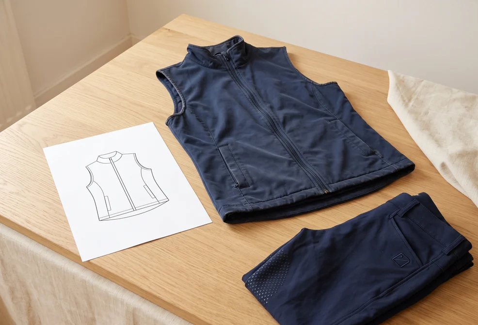 Getragene Weste als Referenzteil mit leerer technischer Zeichnung und einer Reithose in Navy – KI-generierte Illustration