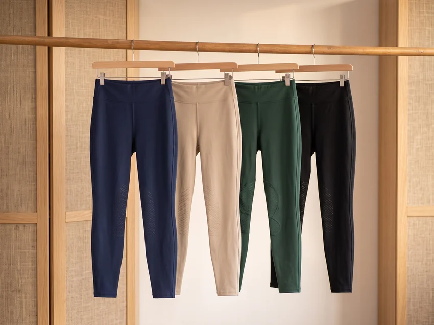 Reitleggings in Navy, Beige, Dunkelgrün und Schwarz an einer Kleiderstange im Abendlicht – KI-generierte Illustration