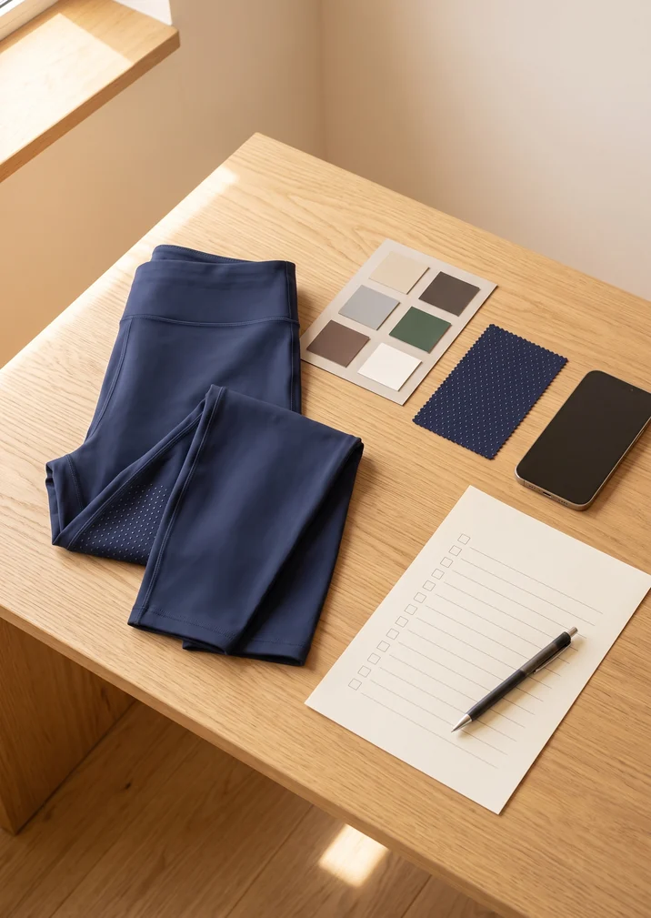 Schreibtisch mit gefalteter Reitleggings, Farbkarte, Grip-Stoffmuster und leerer Liste – KI-generierte Illustration