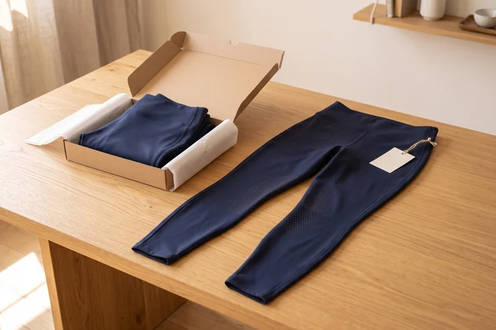Zwei gleiche Navy Reitleggings: eine im Versandkarton, eine mit leerem Anhänger auf dem Tisch – KI-generierte Illustration