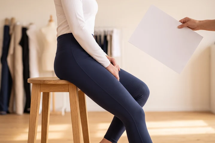 Fit-Model in Navy Reitleggings sitzt auf einem Hocker, der Bund liegt flach ohne zu rollen – KI-generierte Illustration