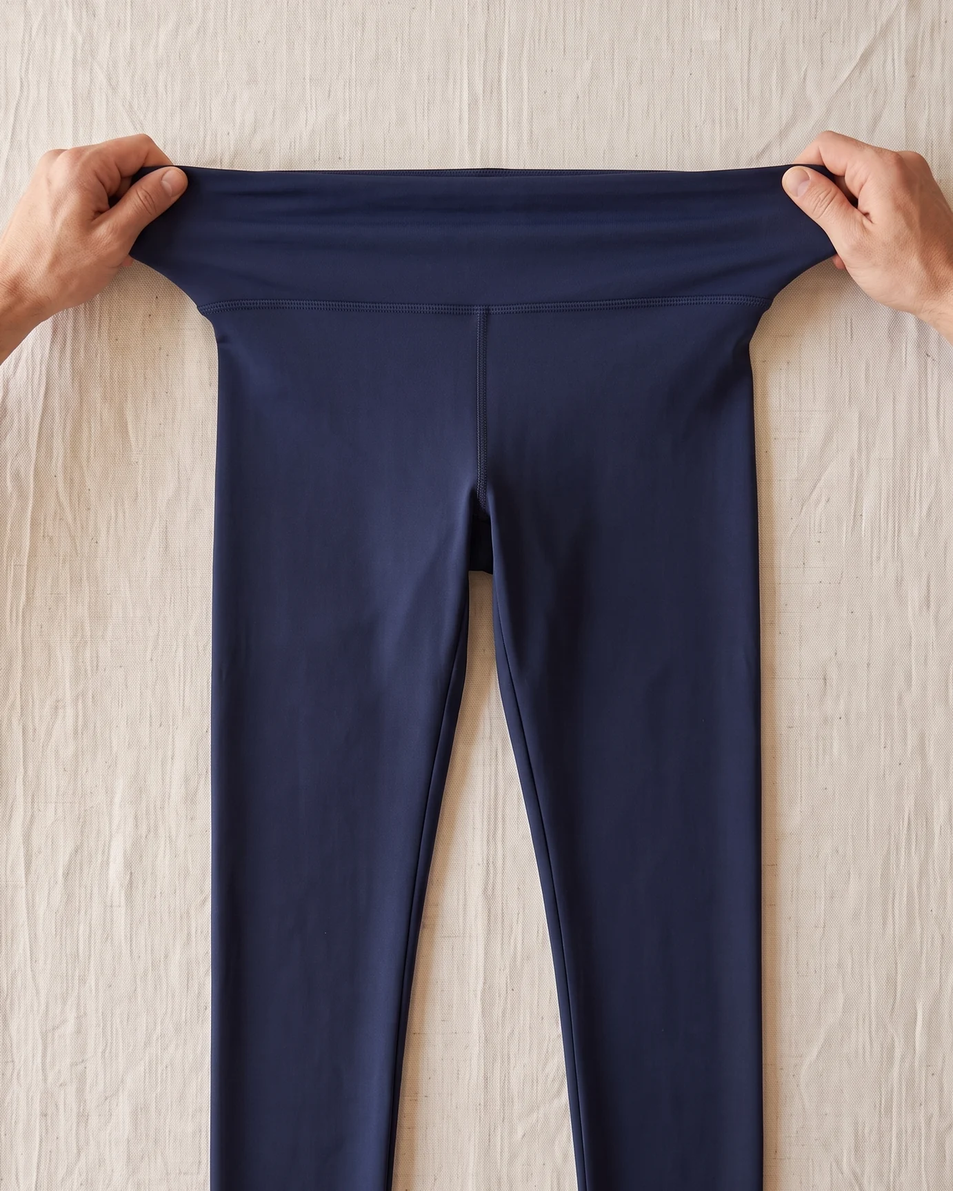 Dieselbe Reitleggings, zwei Hände ziehen den Bund seitlich auseinander – KI-generierte Illustration