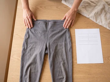 Hände streichen den Bund einer getragenen grauen Reitleggings zum Messen flach – KI-generierte Illustration