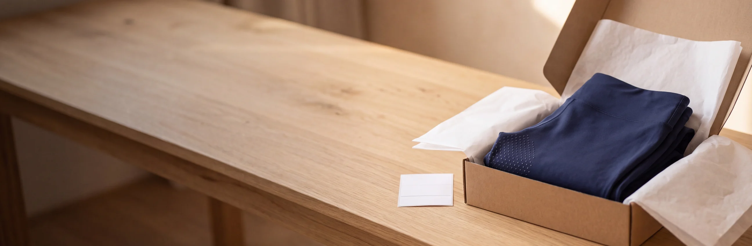 Gefaltete Navy Reitleggings in einem offenen Versandkarton auf dem Packtisch – KI-generierte Illustration