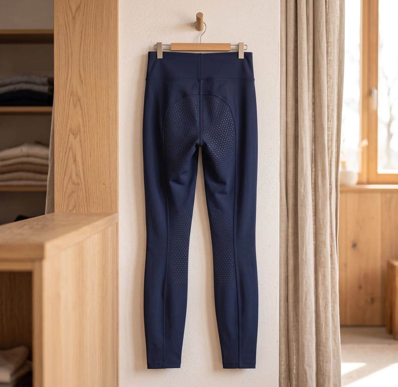 Navy Reitleggings von hinten auf einem Holzbügel: Vollgrip mit Punktmuster an Gesäß und Innenbeinen – KI-generierte Illustration