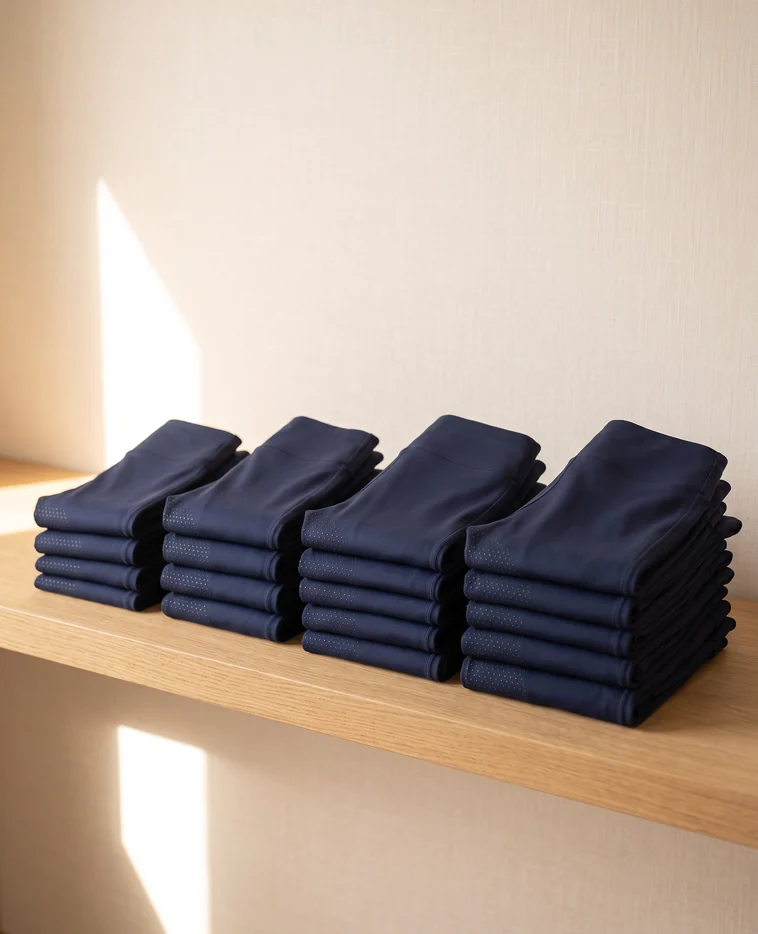 Vier Stapel gefalteter Navy Reitleggings von klein nach groß auf einem Holzregal – KI-generierte Illustration