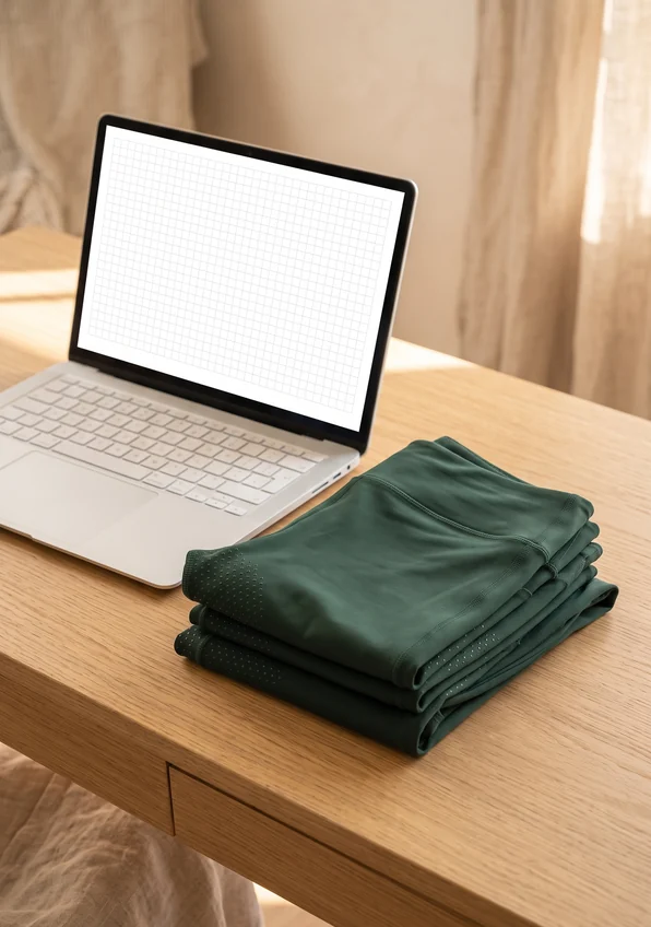 Laptop mit leerer Tabelle neben gefalteten Reitleggings in Vereinsfarbe – KI-generierte Illustration