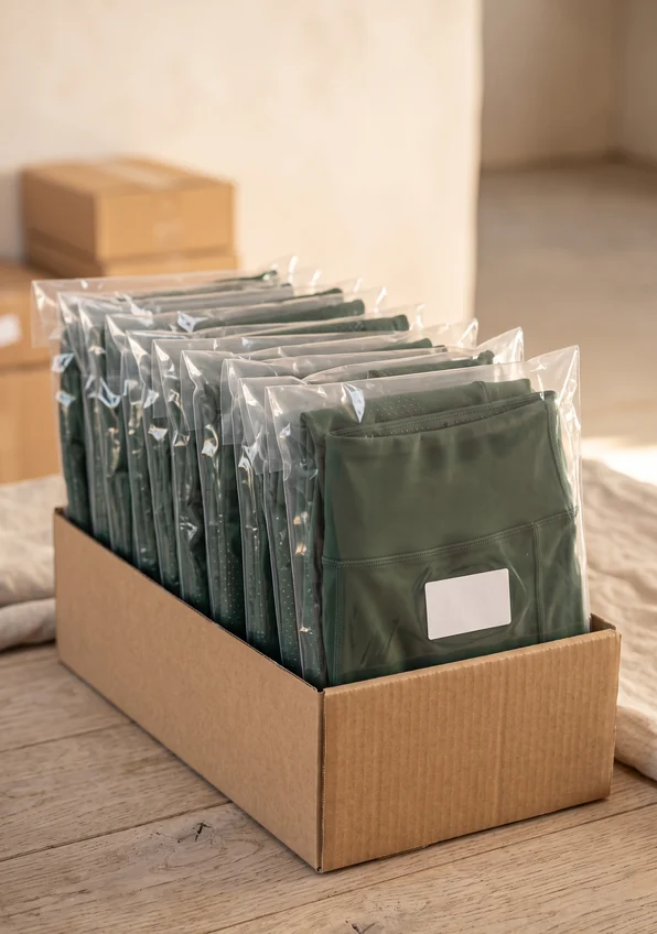 Einzeln verpackte Reitleggings mit leeren Namensschildern in einer Reihe – KI-generierte Illustration