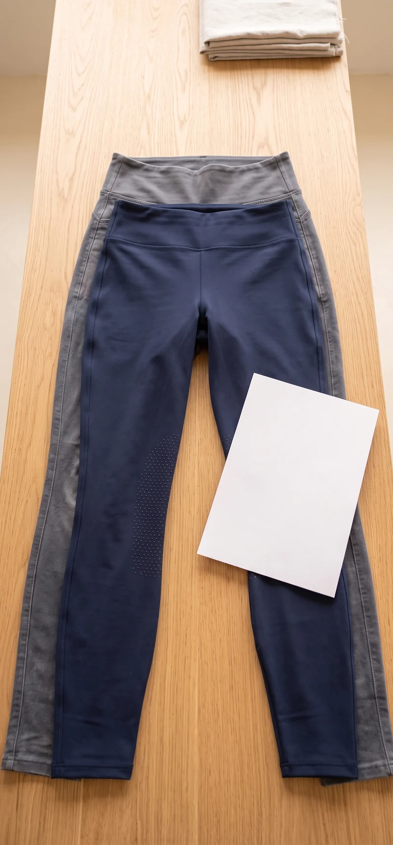 Getragene graue Reitleggings als Referenzteil unter einer neuen Navy Leggings, Bund an Bund – KI-generierte Illustration