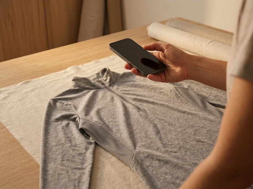 Hand fotografiert ein flach liegendes graues Reitshirt mit dem Telefon – KI-generierte Illustration