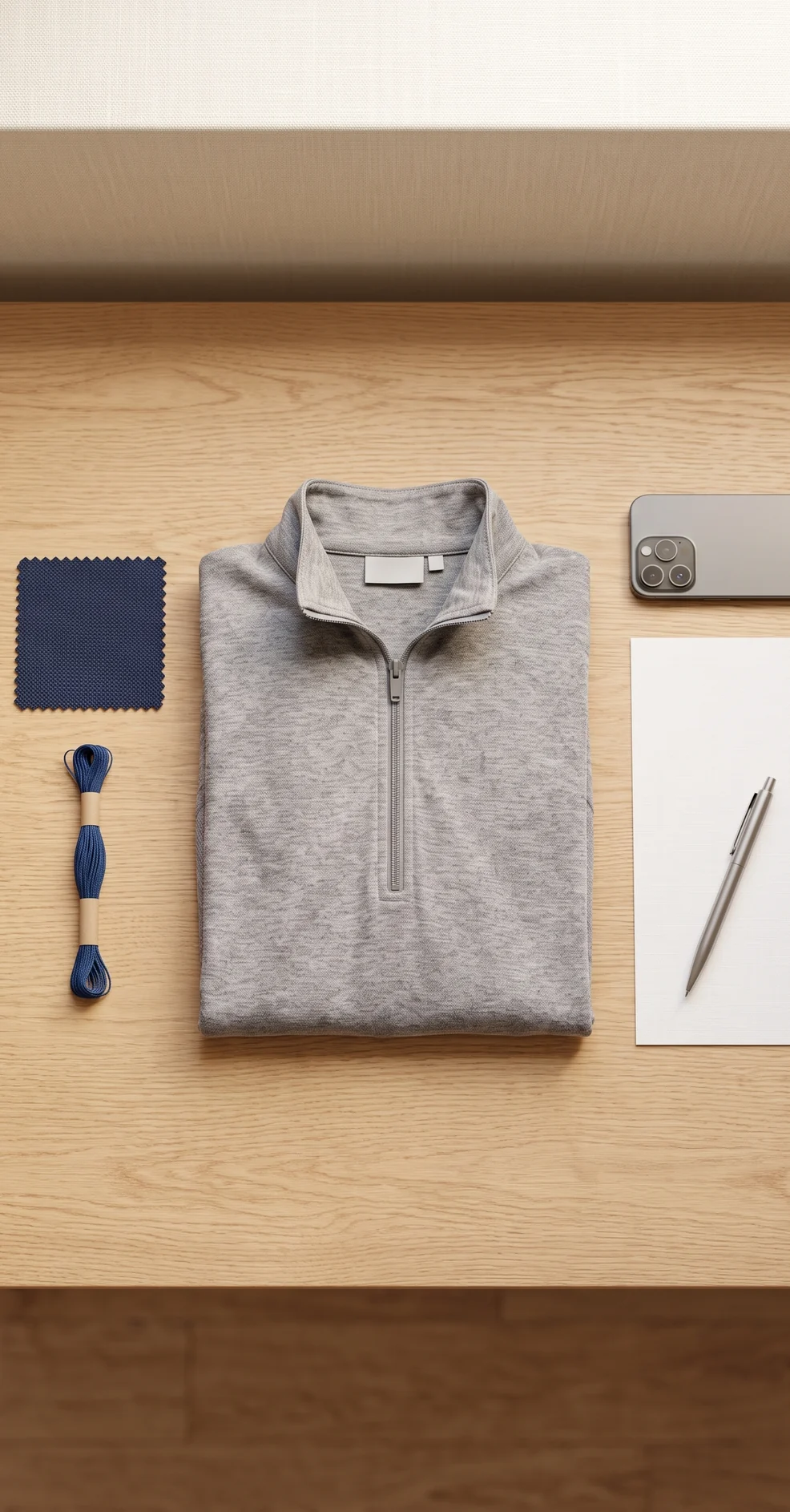 Schreibtisch mit getragenem grauem Reitshirt, Piqué-Stoffmuster, Stickgarn und leerem Blatt – KI-generierte Illustration