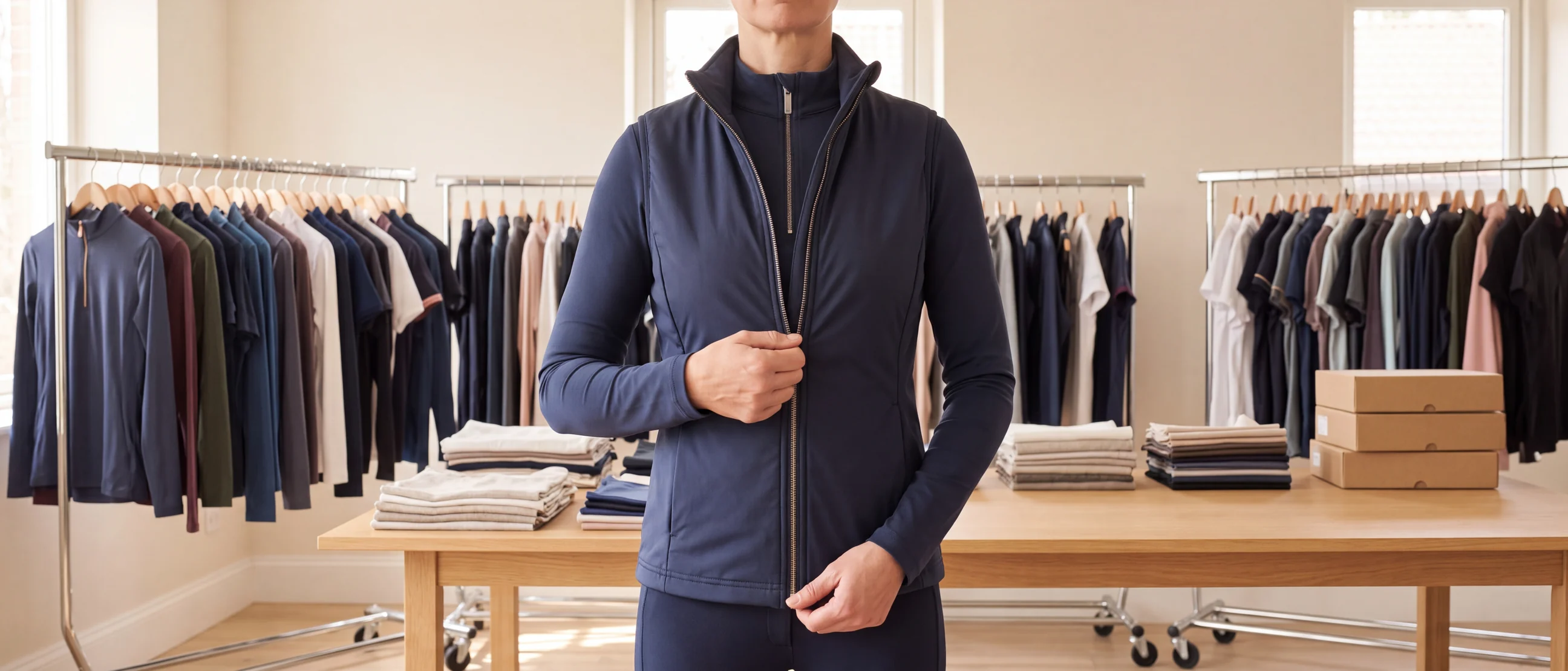 Baselayer in Navy unter einer Reitweste, die gerade geschlossen wird, im Musterraum – KI-generierte Illustration