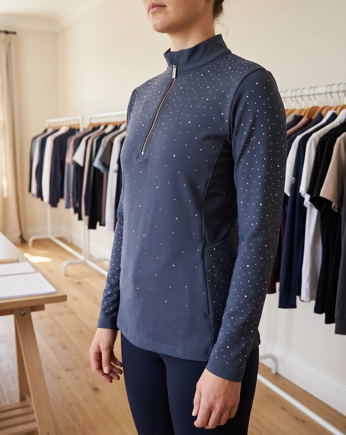 Navy Langarm-Reitshirt mit Strass getragen, Stehkragen und kurzer Reißverschluss, im Musterraum – KI-generierte Illustration