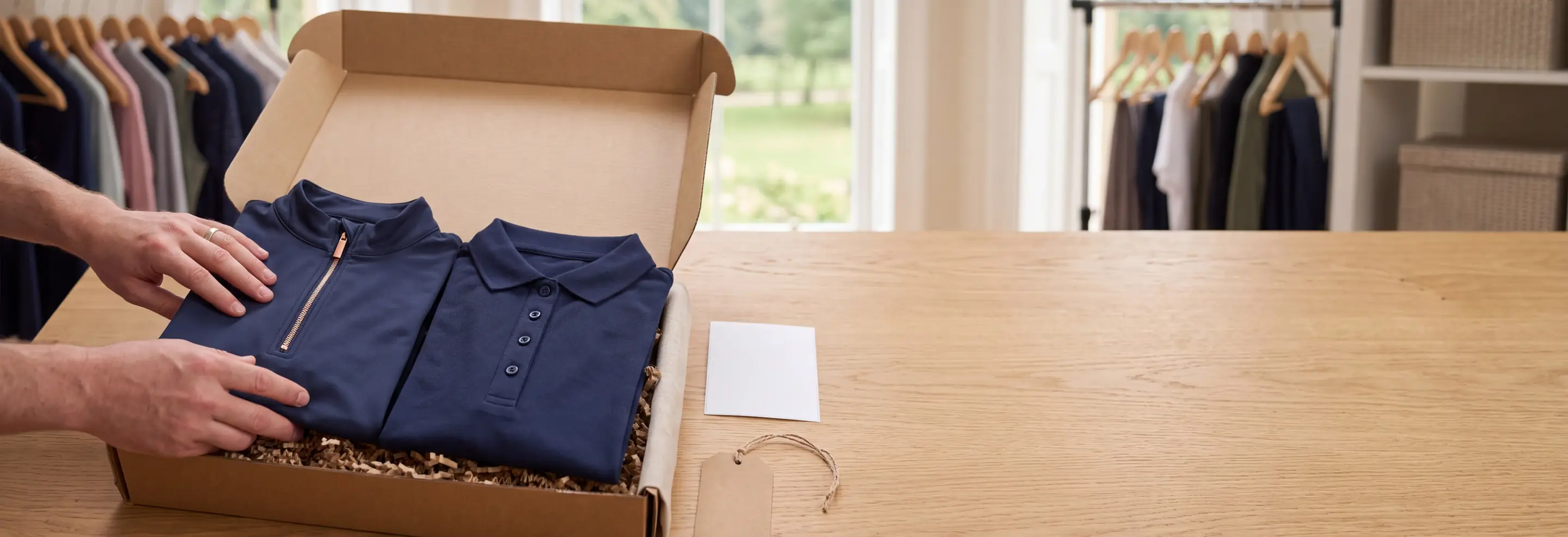 Gefaltetes Reitshirt und Reitpolo in Navy in einem offenen Versandkarton – KI-generierte Illustration