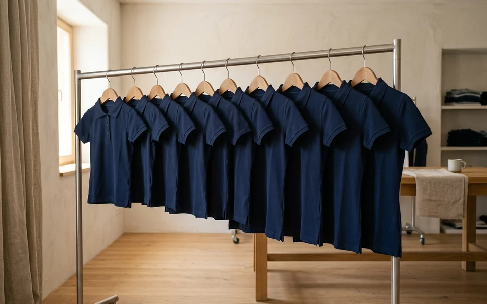Reitpolos in Navy von der Kindergröße bis Damen L nach Größe auf einer Stange – KI-generierte Illustration