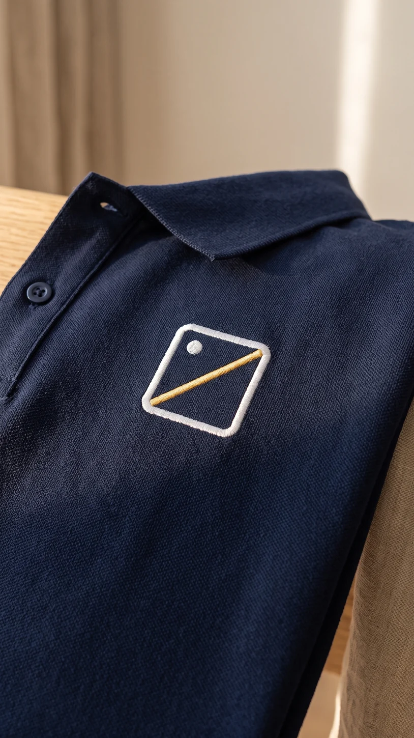 Stickerei mit Metallic-Garn auf der Brust eines Navy Reitpolos – KI-generierte Illustration