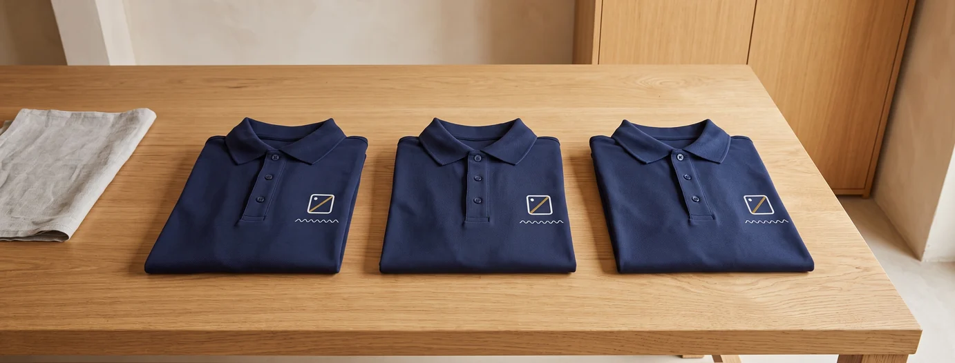 Drei gefaltete Navy Polos mit einer feinen Zierstickerei unter dem Brustlogo – KI-generierte Illustration