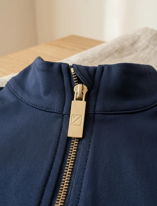 Zipper-Puller aus Metall mit einem schlichten Zeichen am Kragenreißverschluss – KI-generierte Illustration