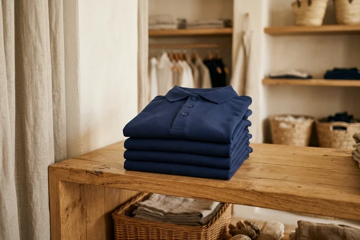 Gefaltete Navy Polos im Holzregal eines Reitsportgeschäfts – KI-generierte Illustration