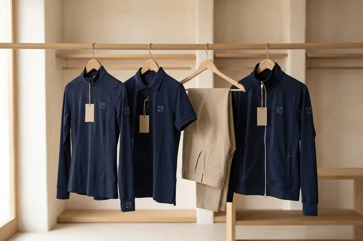 Saisonlinie auf einer Stange: Reitshirt, Polo, Reithose und Trainingsjacke mit demselben Zeichen – KI-generierte Illustration