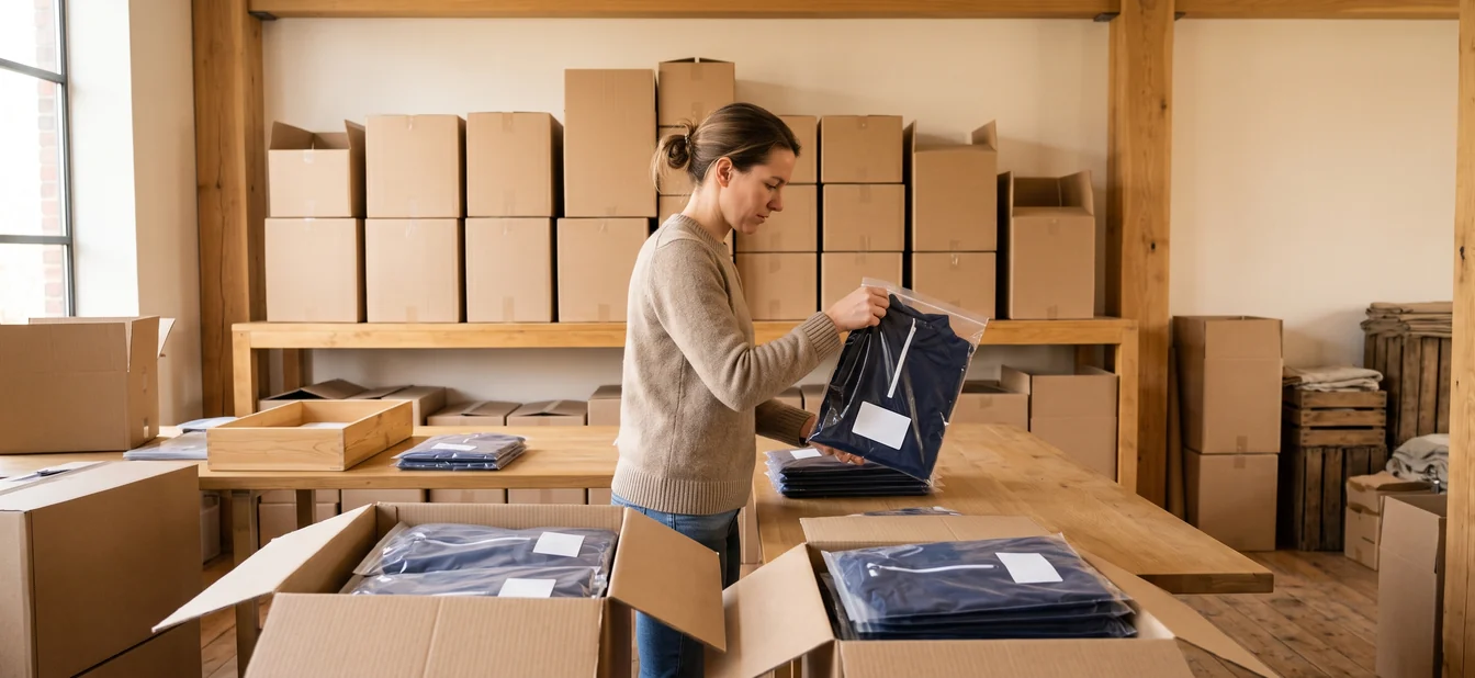 Einzeln verpackte Reitshirts nach Größe in Kartons, dahinter eine Reihe Kartons – KI-generierte Illustration