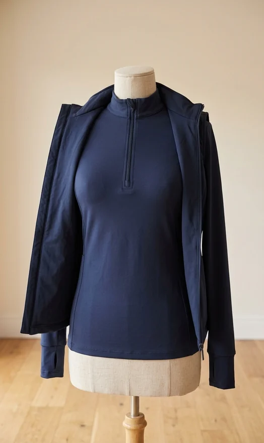 Baselayer in Navy auf einer Schneiderpuppe, darüber eine offene Reitweste – KI-generierte Illustration